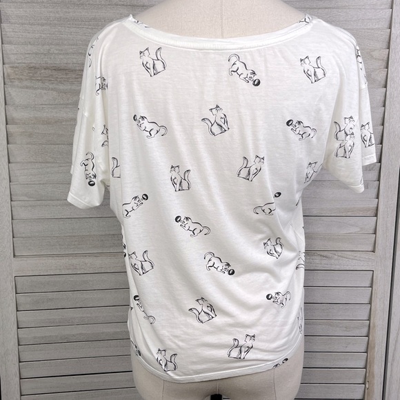 FOREVER 21 Tie Bottom Tee Kitty Print White & Black-Medium - Picture 3 of 3